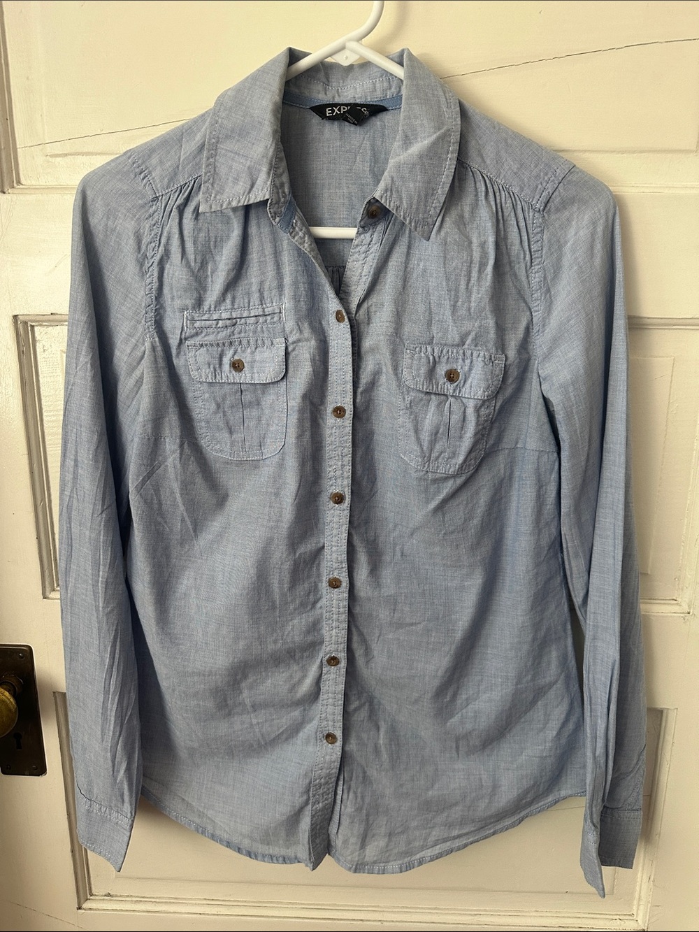 Express Light Blue Wash Denim Chambray Casual Button-Down Shirt 100% Cotton